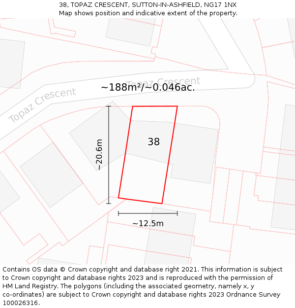 38, TOPAZ CRESCENT, SUTTON-IN-ASHFIELD, NG17 1NX: Plot and title map