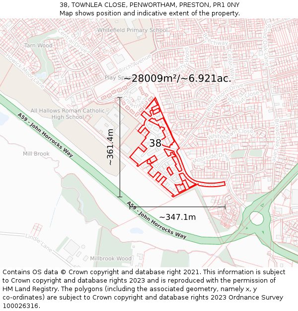 38, TOWNLEA CLOSE, PENWORTHAM, PRESTON, PR1 0NY: Plot and title map