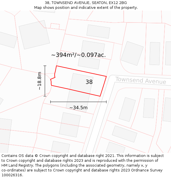 38, TOWNSEND AVENUE, SEATON, EX12 2BG: Plot and title map