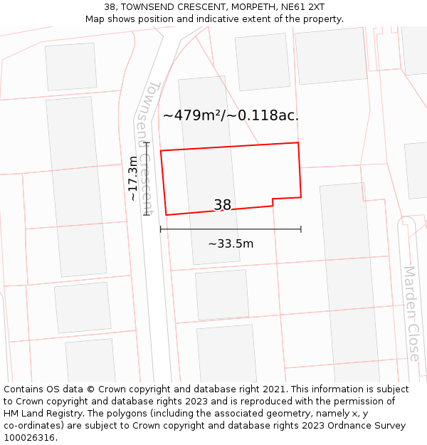 38, TOWNSEND CRESCENT, MORPETH, NE61 2XT: Plot and title map