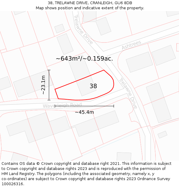 38, TRELAWNE DRIVE, CRANLEIGH, GU6 8DB: Plot and title map