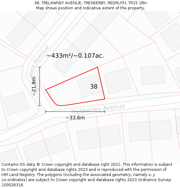 38, TRELAWNEY AVENUE, TRESKERBY, REDRUTH, TR15 1RH: Plot and title map