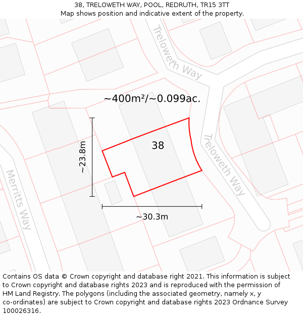 38, TRELOWETH WAY, POOL, REDRUTH, TR15 3TT: Plot and title map