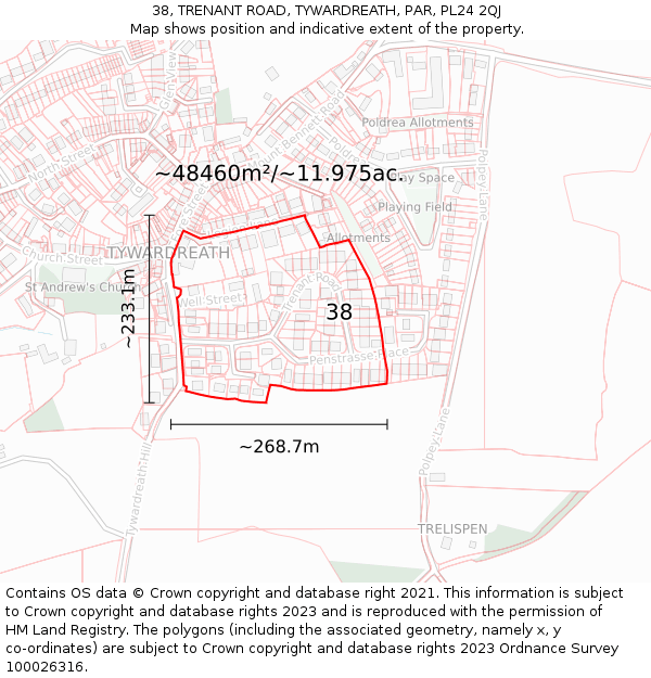 38, TRENANT ROAD, TYWARDREATH, PAR, PL24 2QJ: Plot and title map