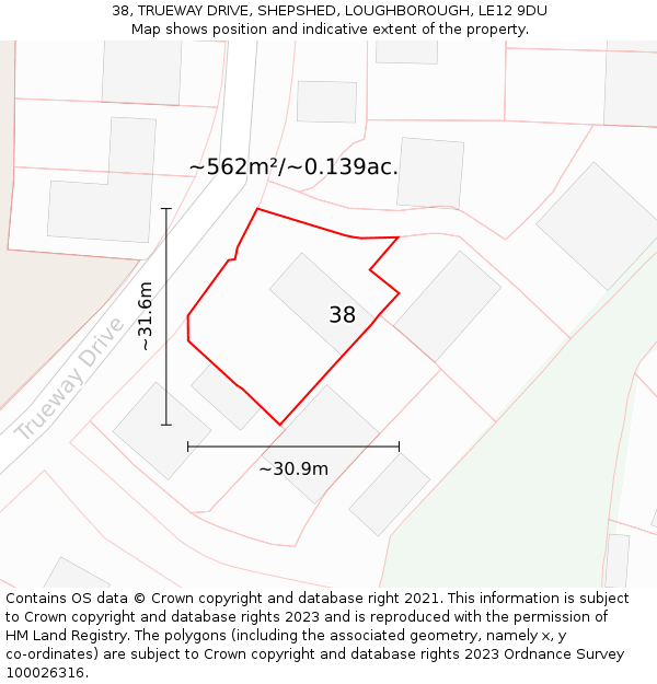 38, TRUEWAY DRIVE, SHEPSHED, LOUGHBOROUGH, LE12 9DU: Plot and title map