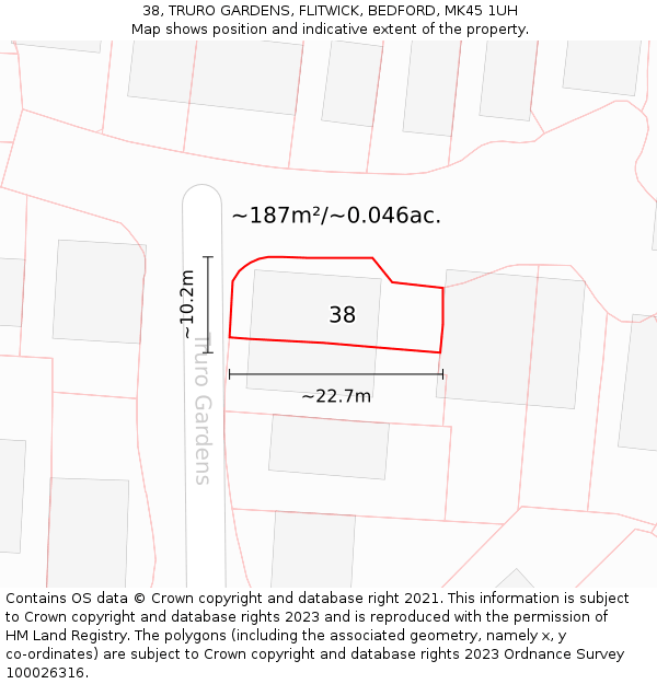 38, TRURO GARDENS, FLITWICK, BEDFORD, MK45 1UH: Plot and title map