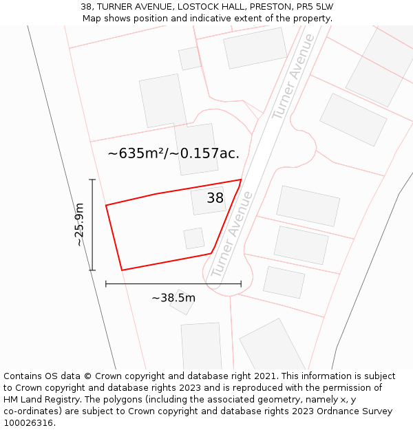 38, TURNER AVENUE, LOSTOCK HALL, PRESTON, PR5 5LW: Plot and title map