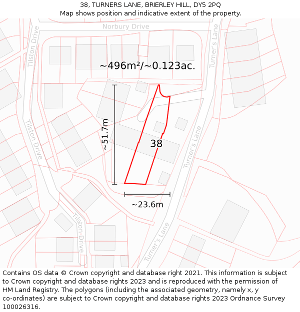 38, TURNERS LANE, BRIERLEY HILL, DY5 2PQ: Plot and title map