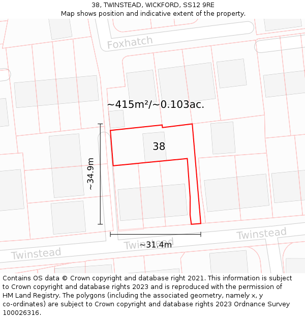 38, TWINSTEAD, WICKFORD, SS12 9RE: Plot and title map
