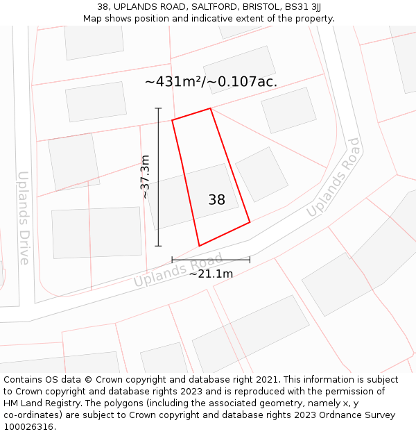 38, UPLANDS ROAD, SALTFORD, BRISTOL, BS31 3JJ: Plot and title map