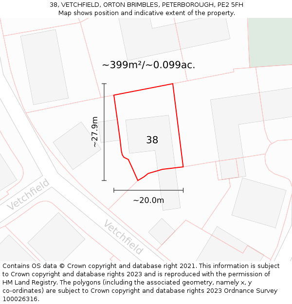 38, VETCHFIELD, ORTON BRIMBLES, PETERBOROUGH, PE2 5FH: Plot and title map