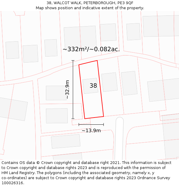 38, WALCOT WALK, PETERBOROUGH, PE3 9QF: Plot and title map