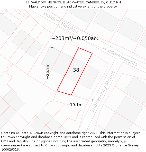 38, WALDORF HEIGHTS, BLACKWATER, CAMBERLEY, GU17 9JH: Plot and title map