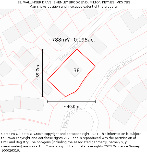 38, WALLINGER DRIVE, SHENLEY BROOK END, MILTON KEYNES, MK5 7BS: Plot and title map