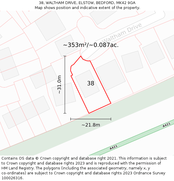 38, WALTHAM DRIVE, ELSTOW, BEDFORD, MK42 9GA: Plot and title map