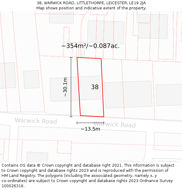 38, WARWICK ROAD, LITTLETHORPE, LEICESTER, LE19 2JA: Plot and title map