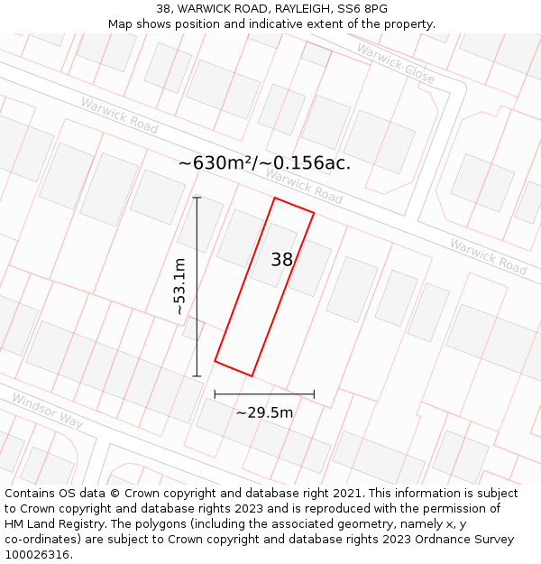 38, WARWICK ROAD, RAYLEIGH, SS6 8PG: Plot and title map