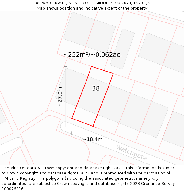 38, WATCHGATE, NUNTHORPE, MIDDLESBROUGH, TS7 0QS: Plot and title map