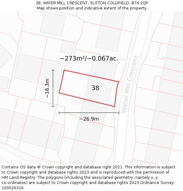 38, WATER MILL CRESCENT, SUTTON COLDFIELD, B76 2QP: Plot and title map