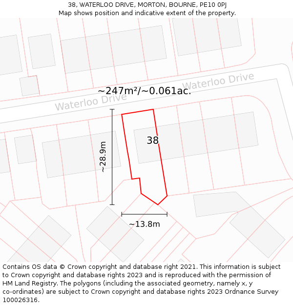38, WATERLOO DRIVE, MORTON, BOURNE, PE10 0PJ: Plot and title map