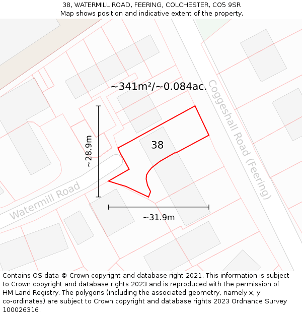 38, WATERMILL ROAD, FEERING, COLCHESTER, CO5 9SR: Plot and title map