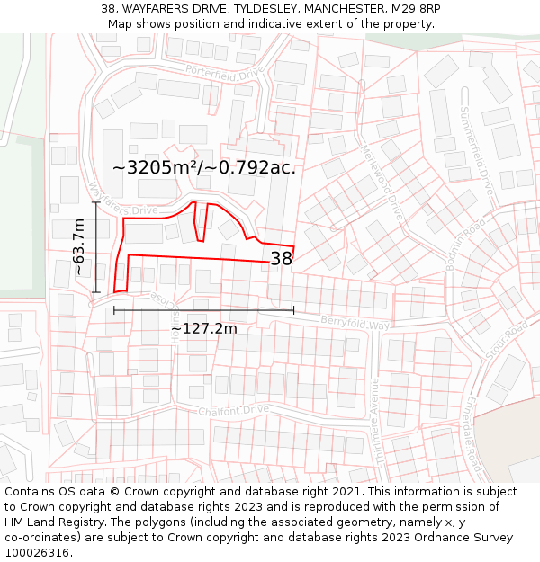 38, WAYFARERS DRIVE, TYLDESLEY, MANCHESTER, M29 8RP: Plot and title map