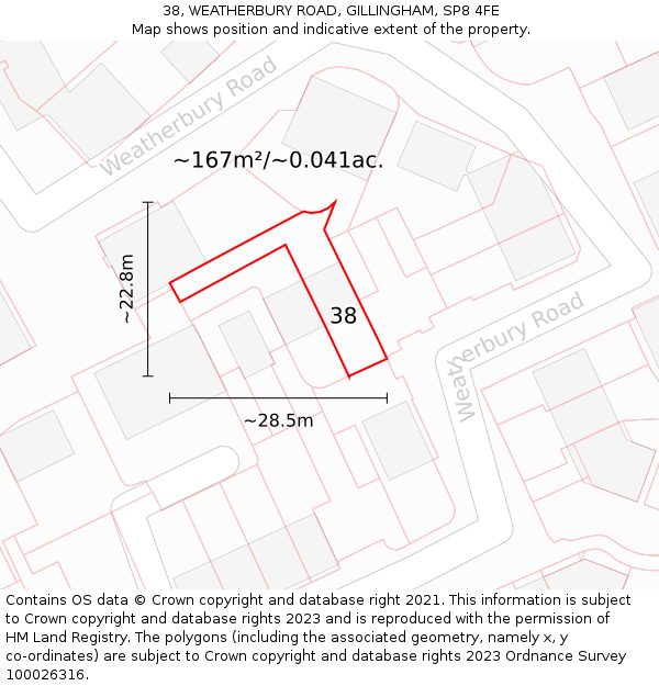 38, WEATHERBURY ROAD, GILLINGHAM, SP8 4FE: Plot and title map
