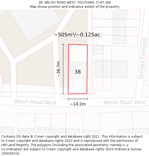 38, WELSH ROAD WEST, SOUTHAM, CV47 0JW: Plot and title map