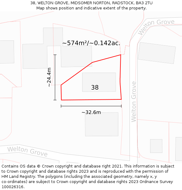 38, WELTON GROVE, MIDSOMER NORTON, RADSTOCK, BA3 2TU: Plot and title map