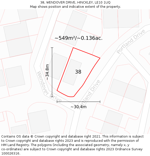 38, WENDOVER DRIVE, HINCKLEY, LE10 1UQ: Plot and title map