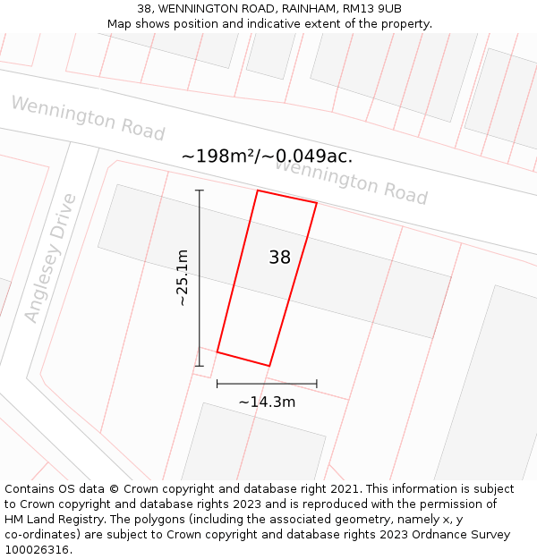 38, WENNINGTON ROAD, RAINHAM, RM13 9UB: Plot and title map