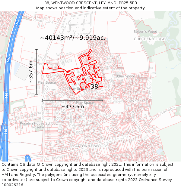 38, WENTWOOD CRESCENT, LEYLAND, PR25 5PR: Plot and title map