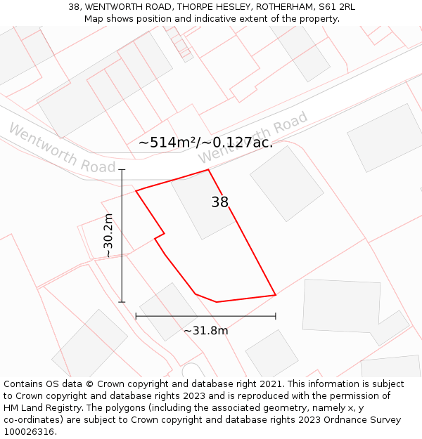 38, WENTWORTH ROAD, THORPE HESLEY, ROTHERHAM, S61 2RL: Plot and title map