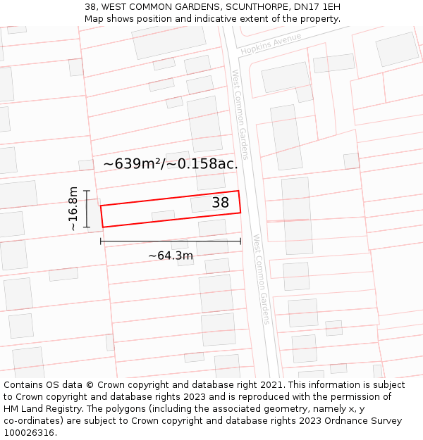 38, WEST COMMON GARDENS, SCUNTHORPE, DN17 1EH: Plot and title map