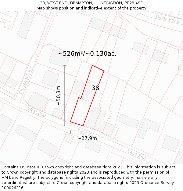 38, WEST END, BRAMPTON, HUNTINGDON, PE28 4SD: Plot and title map