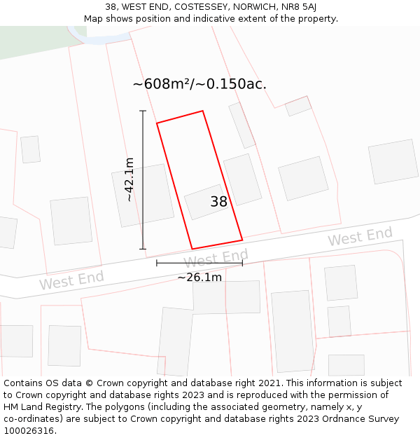38, WEST END, COSTESSEY, NORWICH, NR8 5AJ: Plot and title map