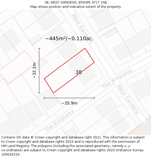 38, WEST GARDENS, EPSOM, KT17 1NE: Plot and title map