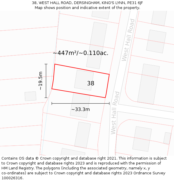 38, WEST HALL ROAD, DERSINGHAM, KING'S LYNN, PE31 6JF: Plot and title map