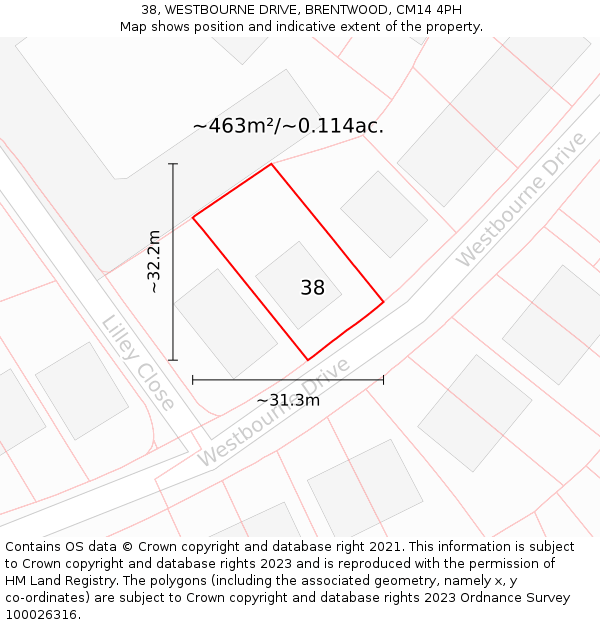 38, WESTBOURNE DRIVE, BRENTWOOD, CM14 4PH: Plot and title map