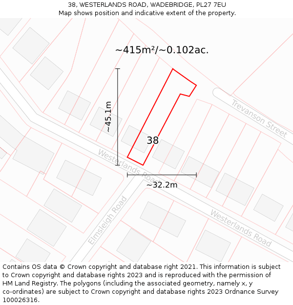38, WESTERLANDS ROAD, WADEBRIDGE, PL27 7EU: Plot and title map
