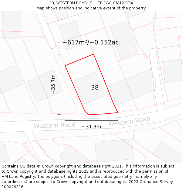 38, WESTERN ROAD, BILLERICAY, CM12 9DX: Plot and title map