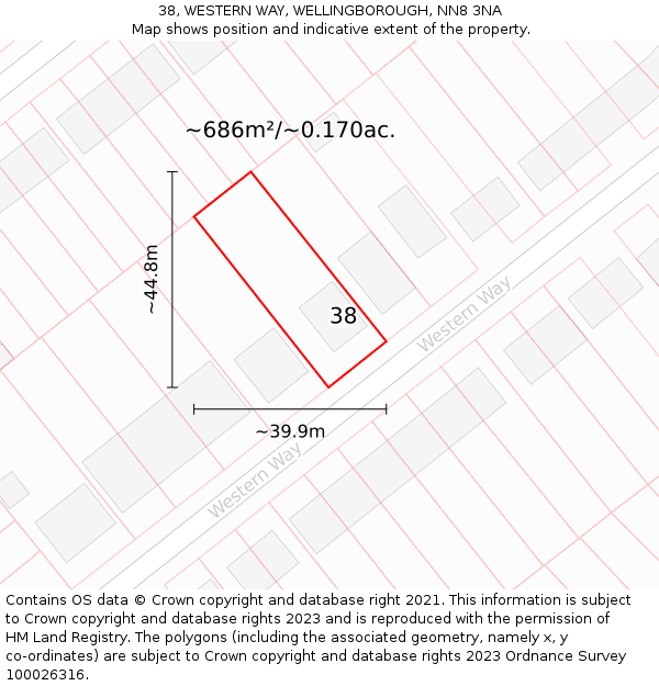 38, WESTERN WAY, WELLINGBOROUGH, NN8 3NA: Plot and title map