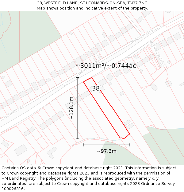 38, WESTFIELD LANE, ST LEONARDS-ON-SEA, TN37 7NG: Plot and title map