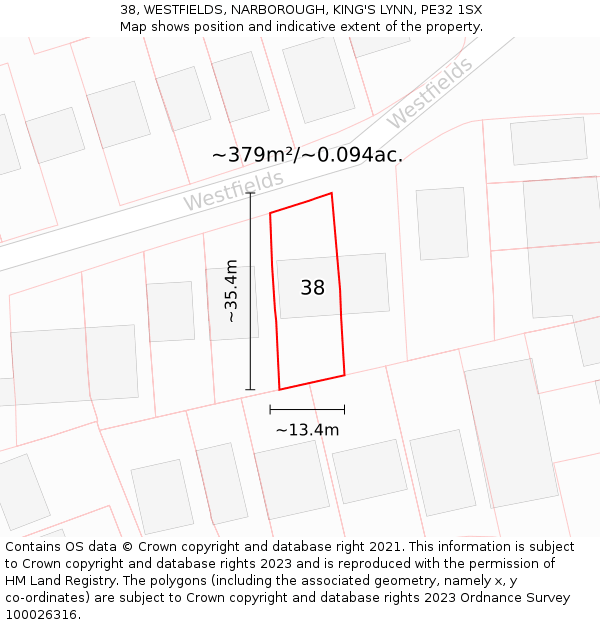 38, WESTFIELDS, NARBOROUGH, KING'S LYNN, PE32 1SX: Plot and title map