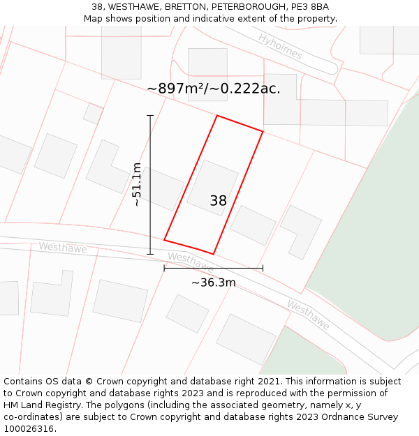 38, WESTHAWE, BRETTON, PETERBOROUGH, PE3 8BA: Plot and title map