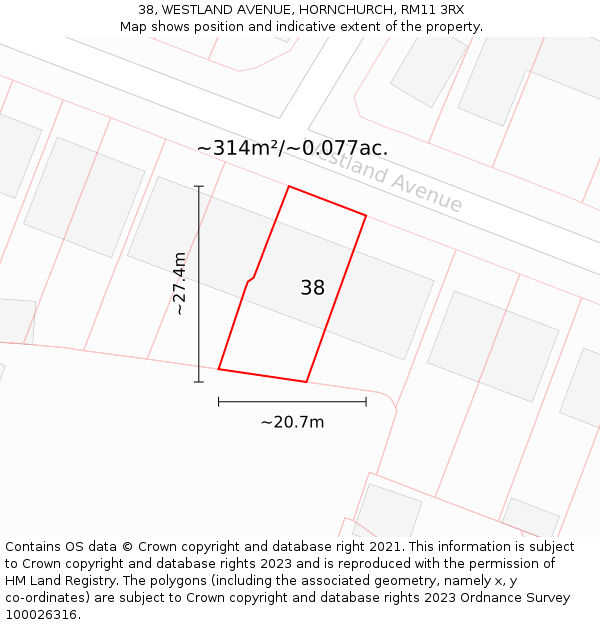 38, WESTLAND AVENUE, HORNCHURCH, RM11 3RX: Plot and title map