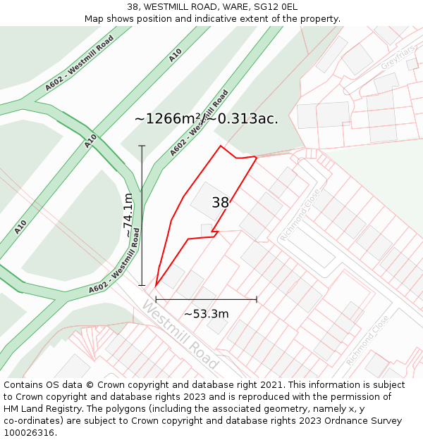 38, WESTMILL ROAD, WARE, SG12 0EL: Plot and title map