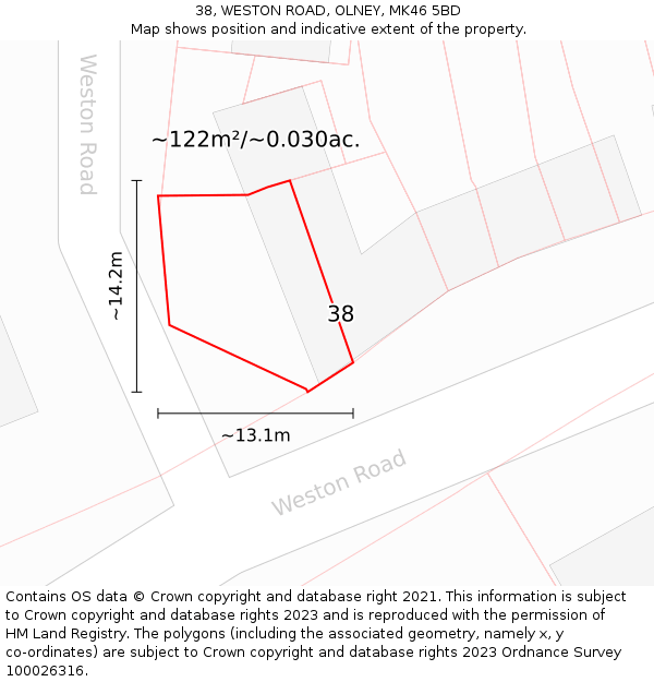 38, WESTON ROAD, OLNEY, MK46 5BD: Plot and title map