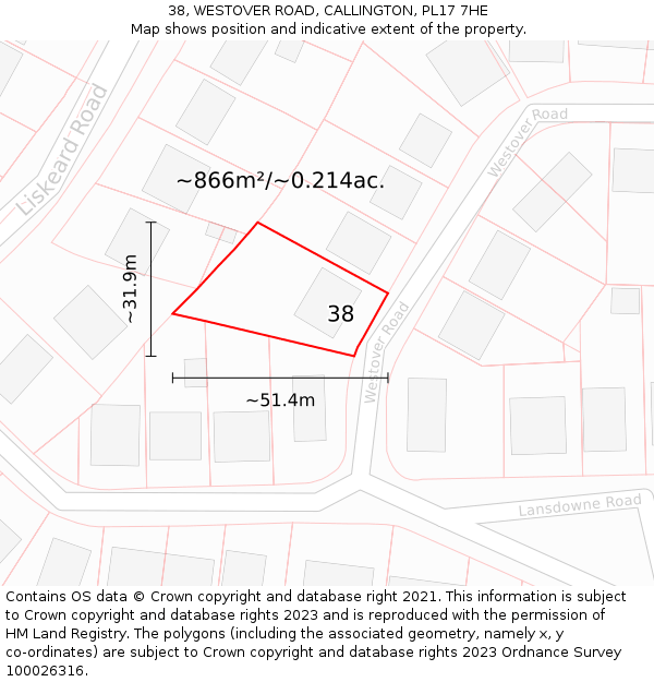 38, WESTOVER ROAD, CALLINGTON, PL17 7HE: Plot and title map