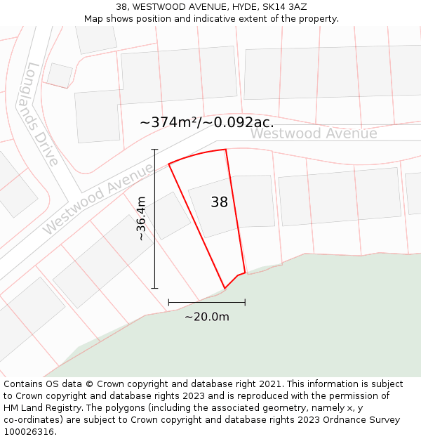 38, WESTWOOD AVENUE, HYDE, SK14 3AZ: Plot and title map